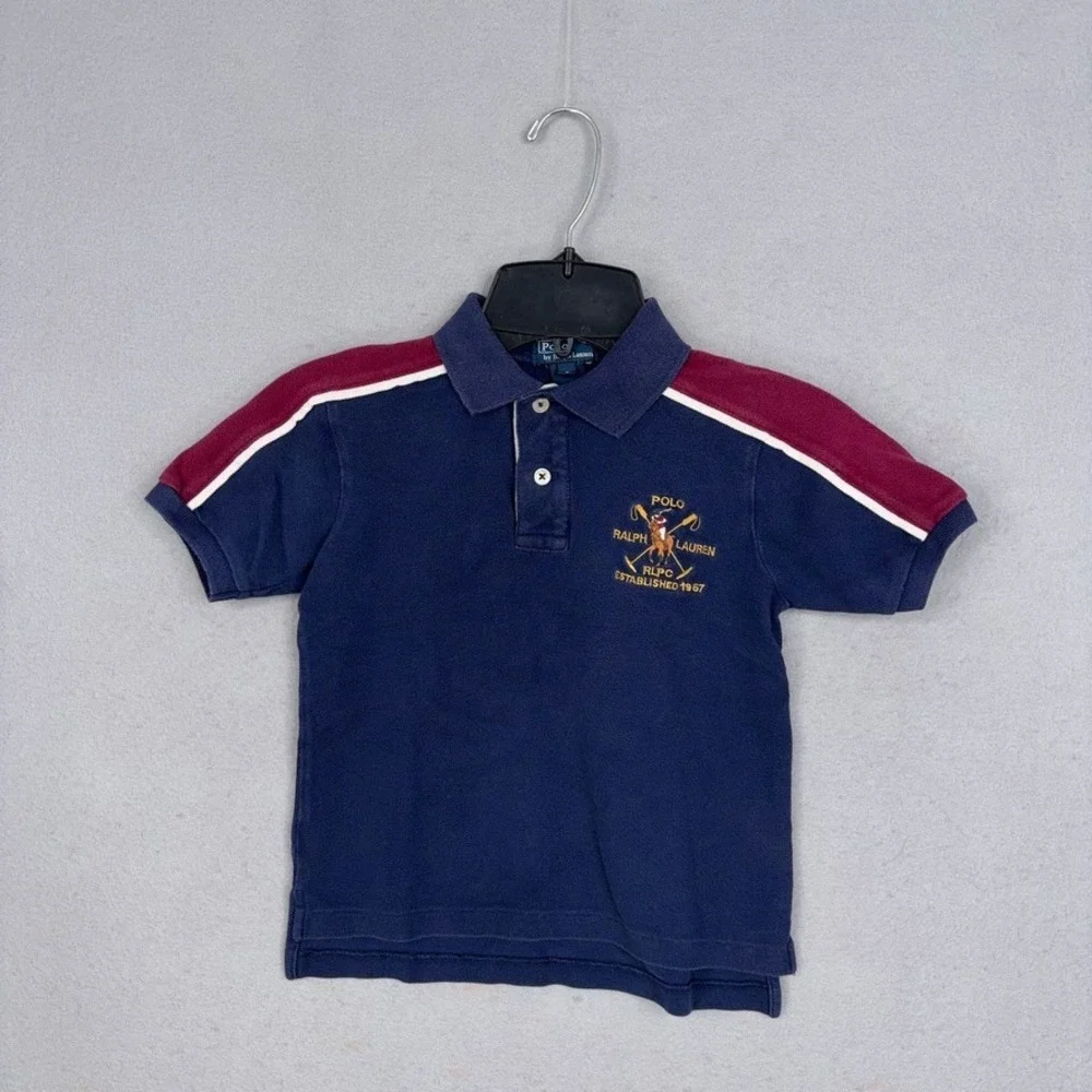 Vintage Polo Ralph Lauren Polo Shirt Kids 5 Blue Colorblock Crest Preppy Classic